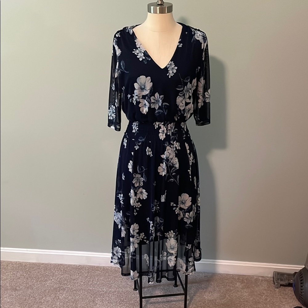 Enfocus Studio Blue and White Wrap Midi Dress V-Neck 3/4 Sleeve